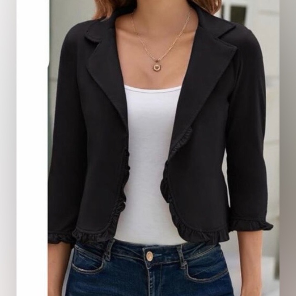 Grace Karin Blue Lightweight Cropped Ruffle Trim Blazer Sz L